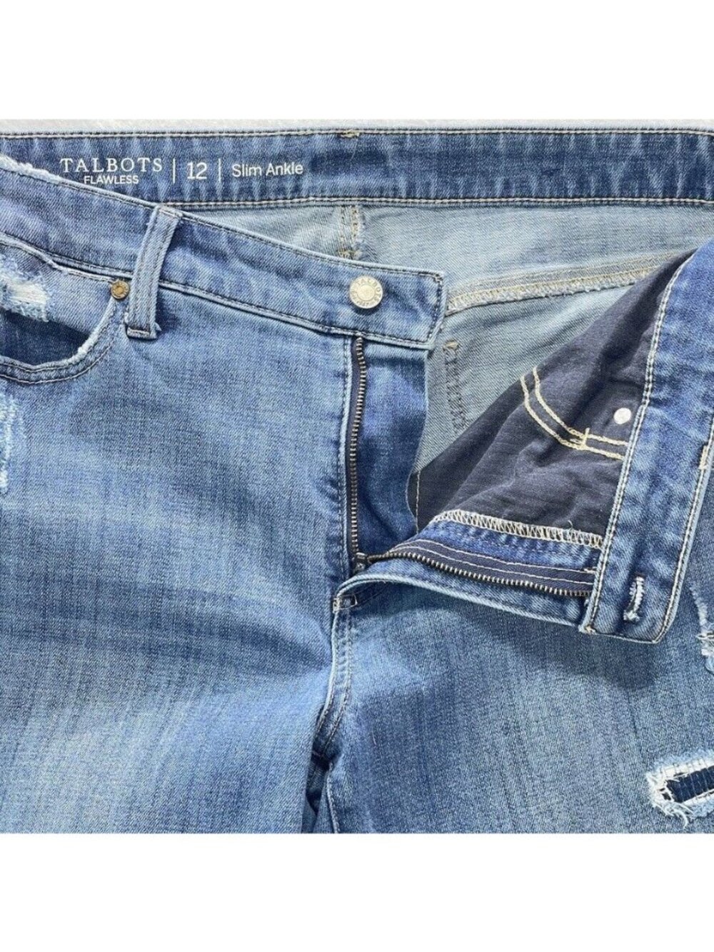 Talbots Flawless Slim Ankle Jeans Size 12 Distressed Raw Hem Medium Wash Stretch - Picture 10 of 12